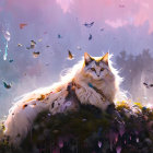 White Cat with Luxurious Mane Surrounded by Butterflies in Dreamy Forest