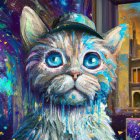 Gray Cat with Blue Eyes Wearing Wizard Hat in Colorful Scene