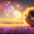 Fluffy cat in purple flower field under starry sky