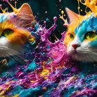 Orange and White Cats Blend with Vibrant Liquid Colors in Blue, Pink, and Yellow