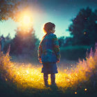 Child in tall grass with fireflies, stars, and bright light at twilight