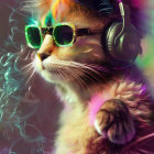 Vibrant cat with sunglasses and headphones in colorful smoke