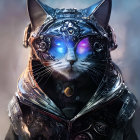 Digital artwork: Cat with blue eyes in futuristic armor on cosmic background