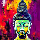 Colorful Buddha head painting with bold strokes and drips