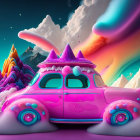 Colorful vintage car with ice cream cones in whimsical landscape