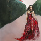 Woman in Red Textured Gown Stands with Ethereal Smoke Backdrop