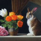 Rabbit with roses and tulips on ledge with curtain