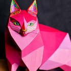 Vibrant Pink Geometric Paper Art Cat Sculpture