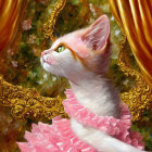 White and ginger cat with pink collar in front of ornate mirror