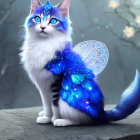 White Cat with Blue Wings and Fairy Crown in Mystical Forest