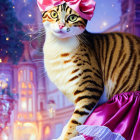 Cat with Striking Markings and Pink Bow Headband Beside Lantern on Galaxy Background