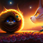 Whimsical stylized cats with large eyes in twilight scene