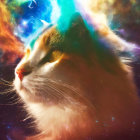 Cat with head on star-filled nebula: Surreal cosmic depiction