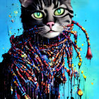 Colorful Beaded Cat with Water Droplets on Vibrant Blue Background