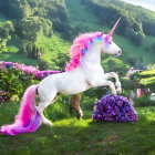 White Unicorn with Pink and Purple Mane in Sunny Meadow