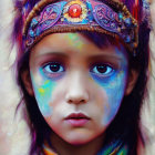 Colorful makeup and decorative headdress on person with bright blue and purple hues and intricate jewelry.