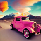 Pink vintage car on desert road at sunset with mountains and orange cloud