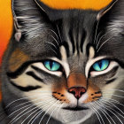 Artistic portrayal of a cat with blue eyes on warm orange background