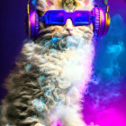 Cool Cat with Headphones and Sunglasses on Purple Background