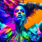 Colorful portrait of a woman with vibrant makeup and attire under neon lights