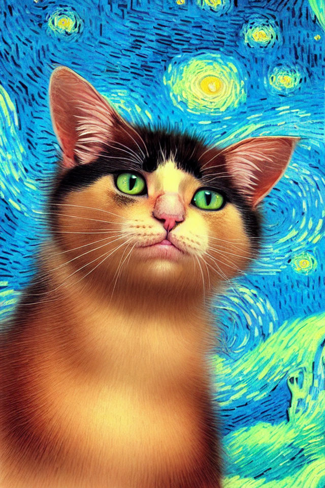 Cat with striking expression on Van Gogh-inspired starry background