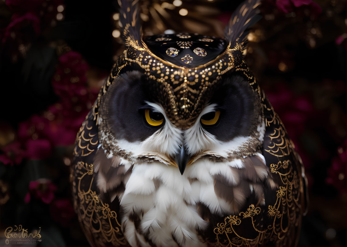 Striking Yellow-Eyed Owl with Black and Gold Mask in Pink Flower Setting