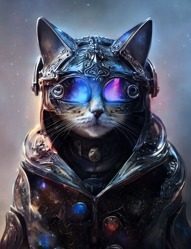 Digital artwork: Cat with blue eyes in futuristic armor on cosmic background