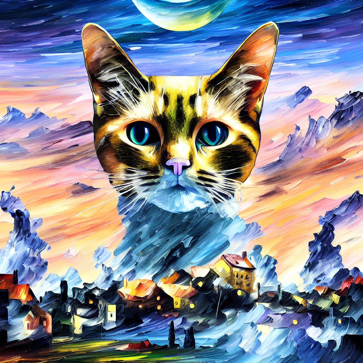Colorful Cat Head Painting in Surreal Landscape with Cosmic Sky