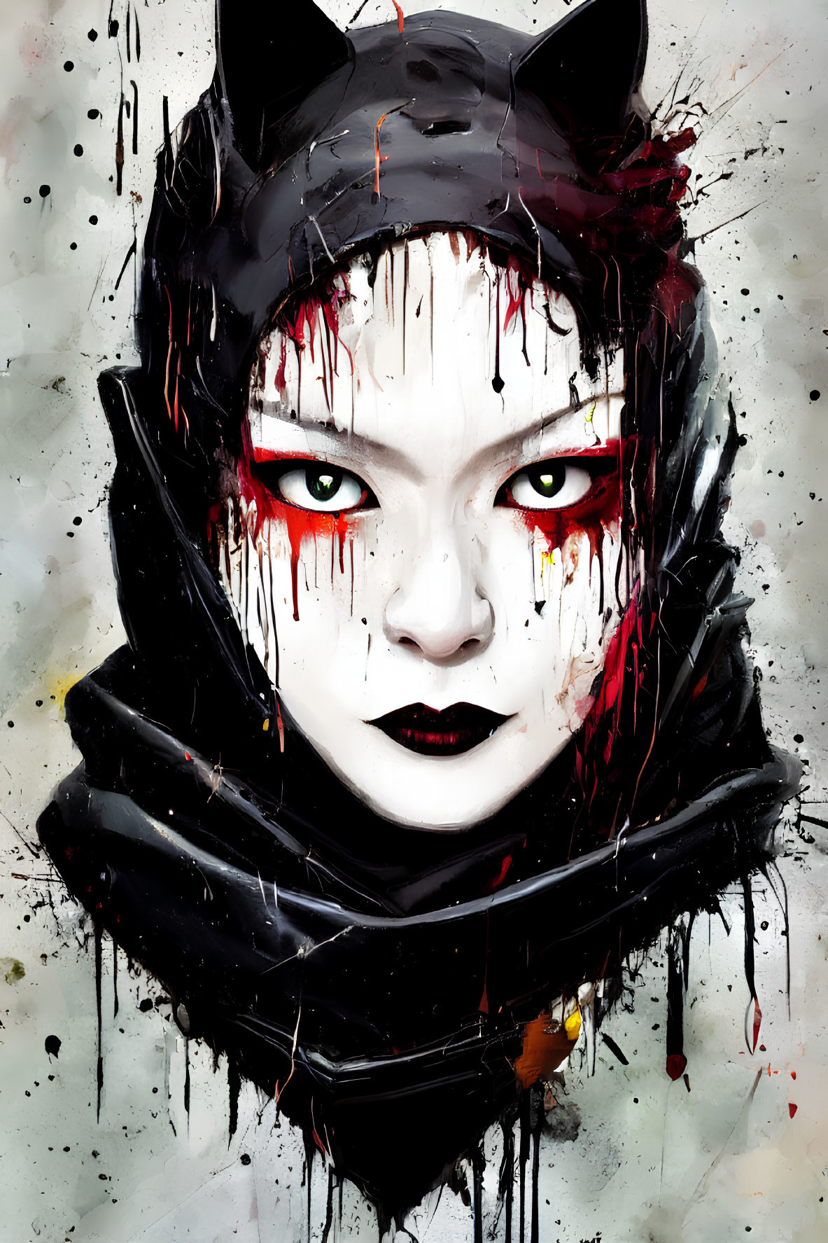 Stylized portrait of person with feline-themed hood and dramatic makeup