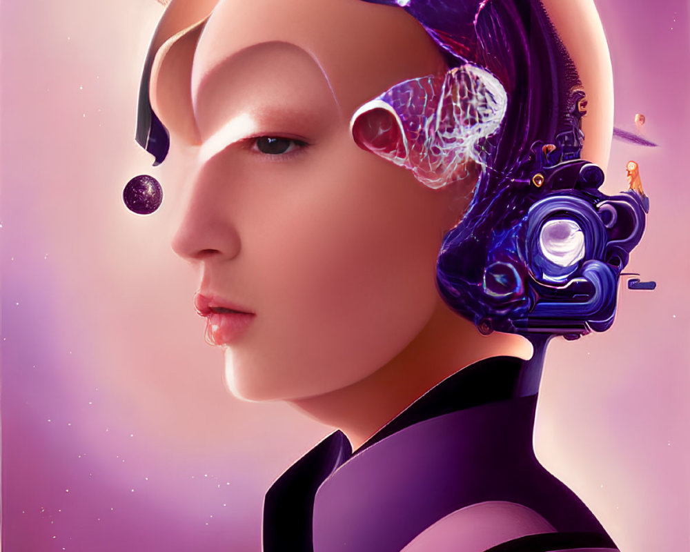 Futuristic female figure with mechanical headpiece and celestial backdrop