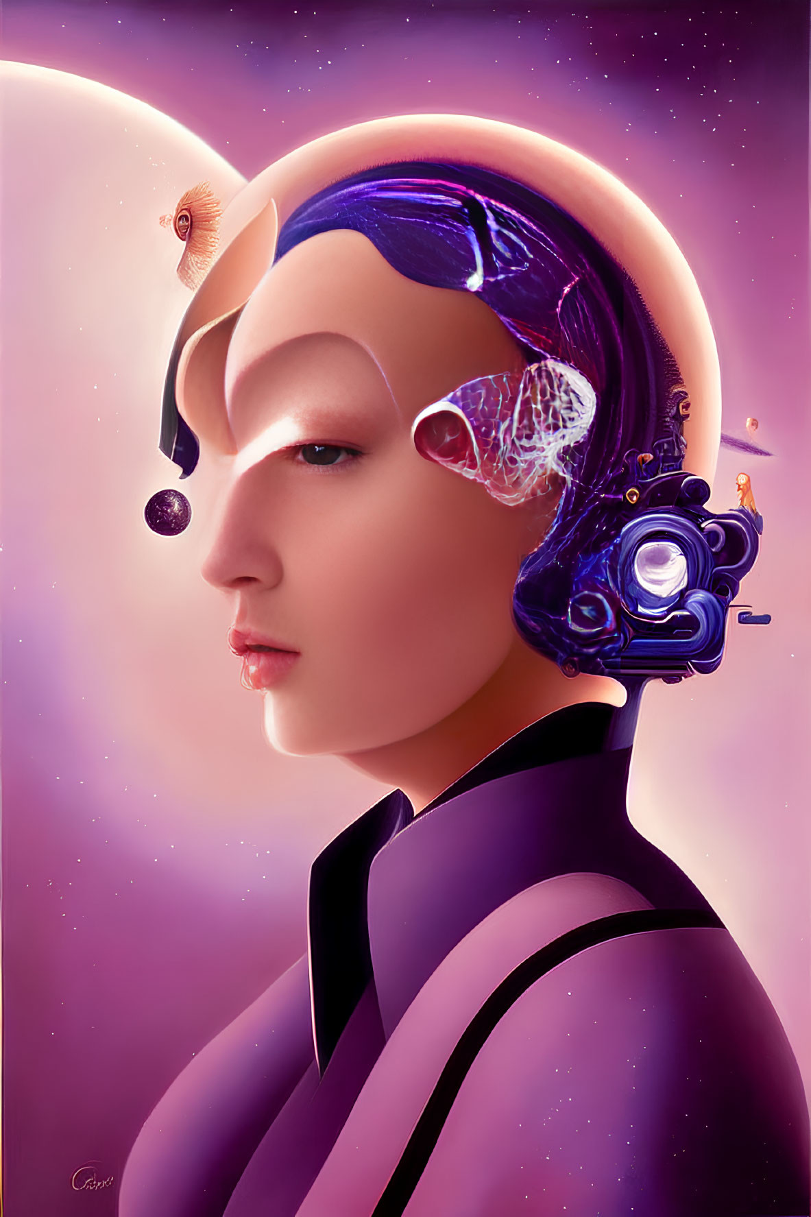 Futuristic female figure with mechanical headpiece and celestial backdrop