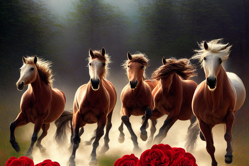 Brown horses galloping with roses and foggy forest background