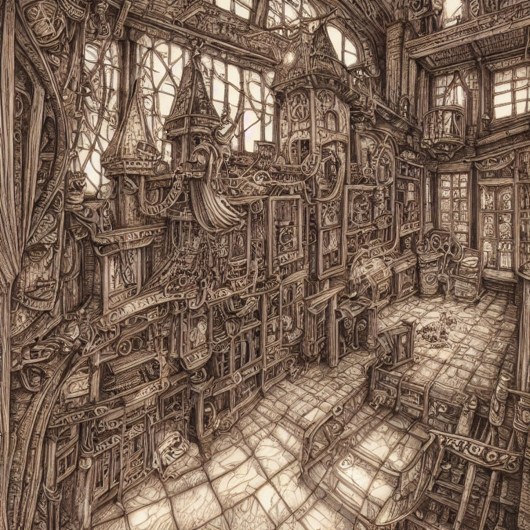 Detailed drawing of an old, elaborate library with bookshelves, arches, and ornate decorations