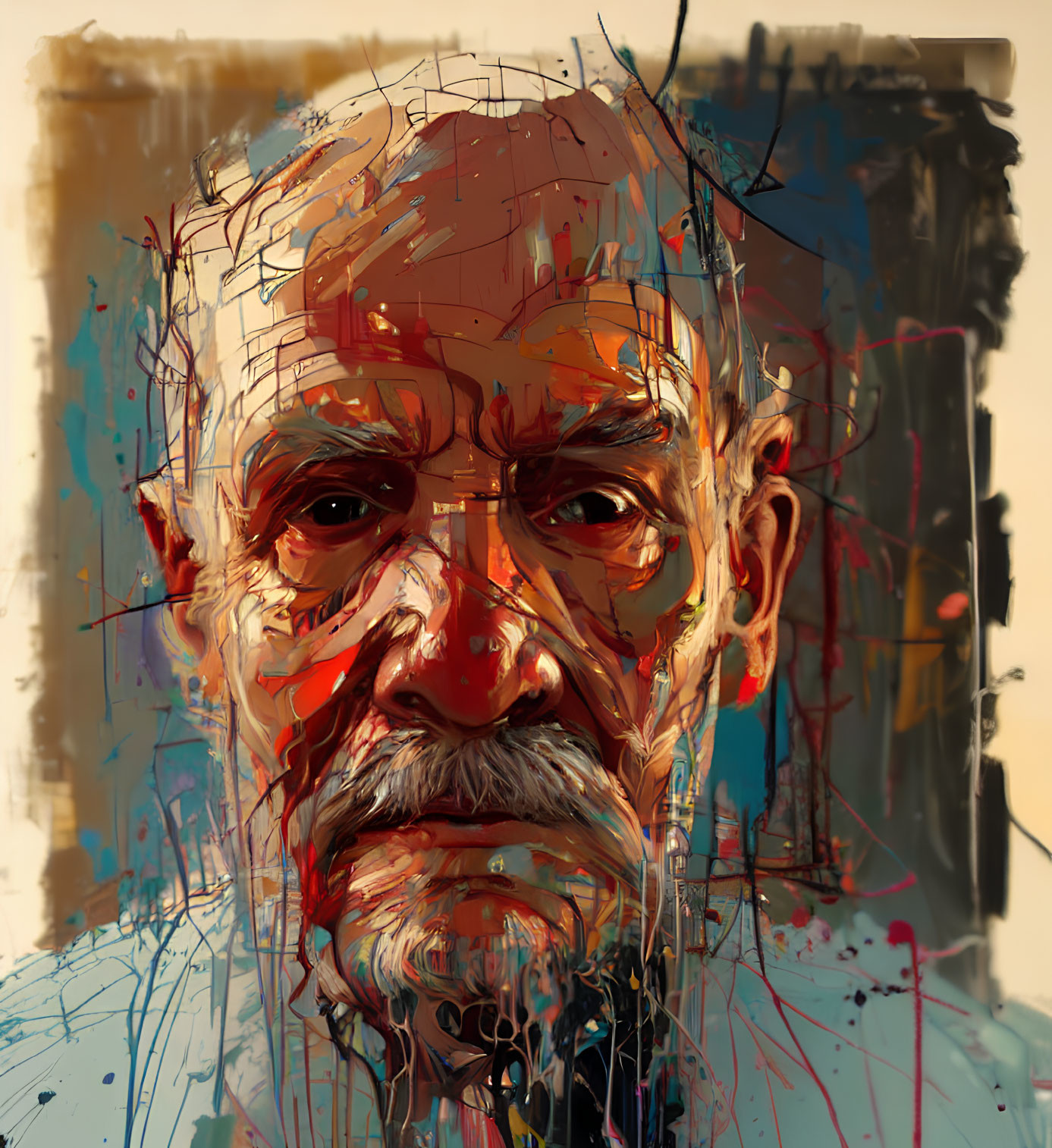 Colorful abstract portrait of an elderly man with expressive eyes and beard