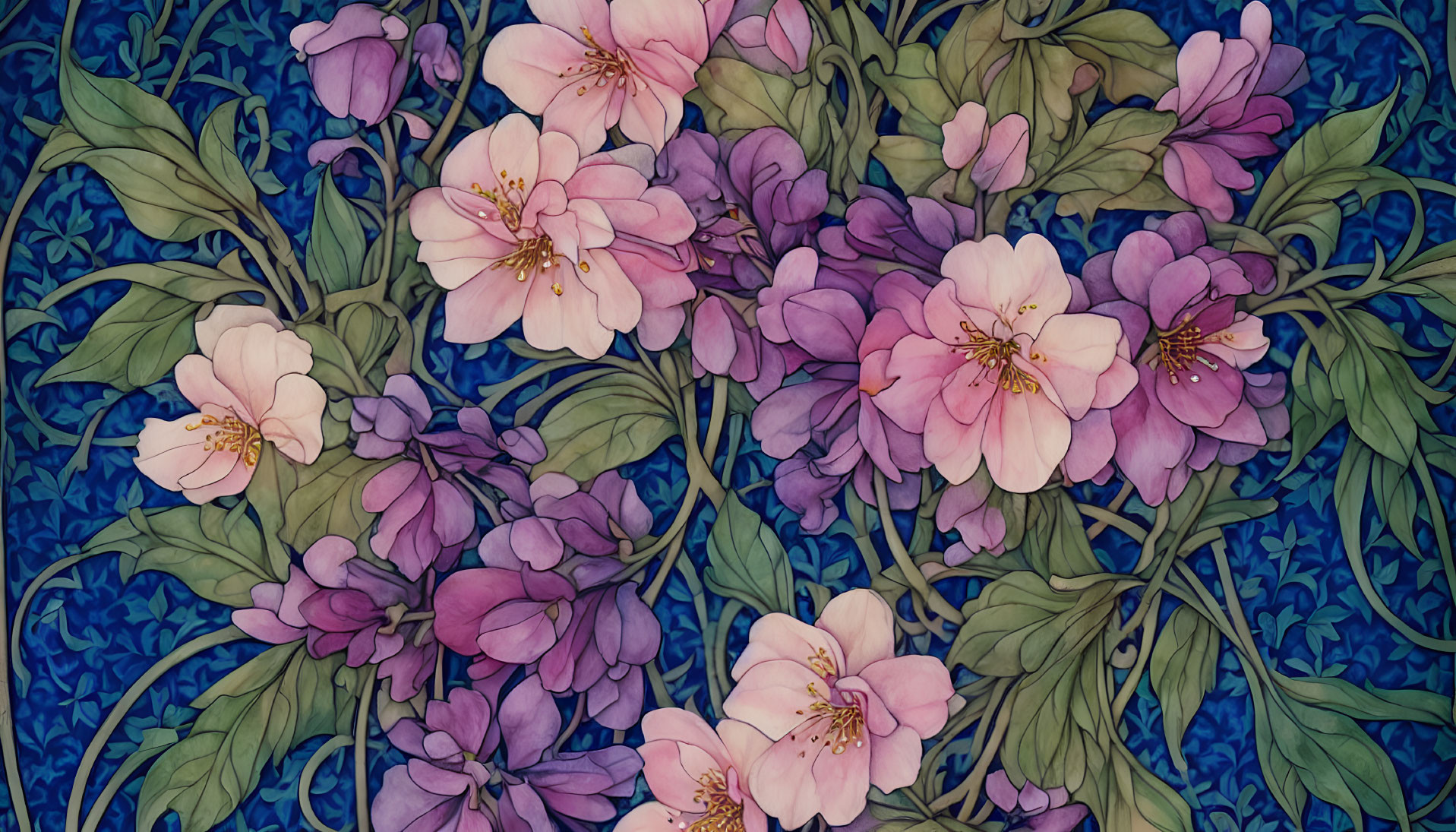 Detailed botanical illustration of pink flowers and green foliage on textured blue background