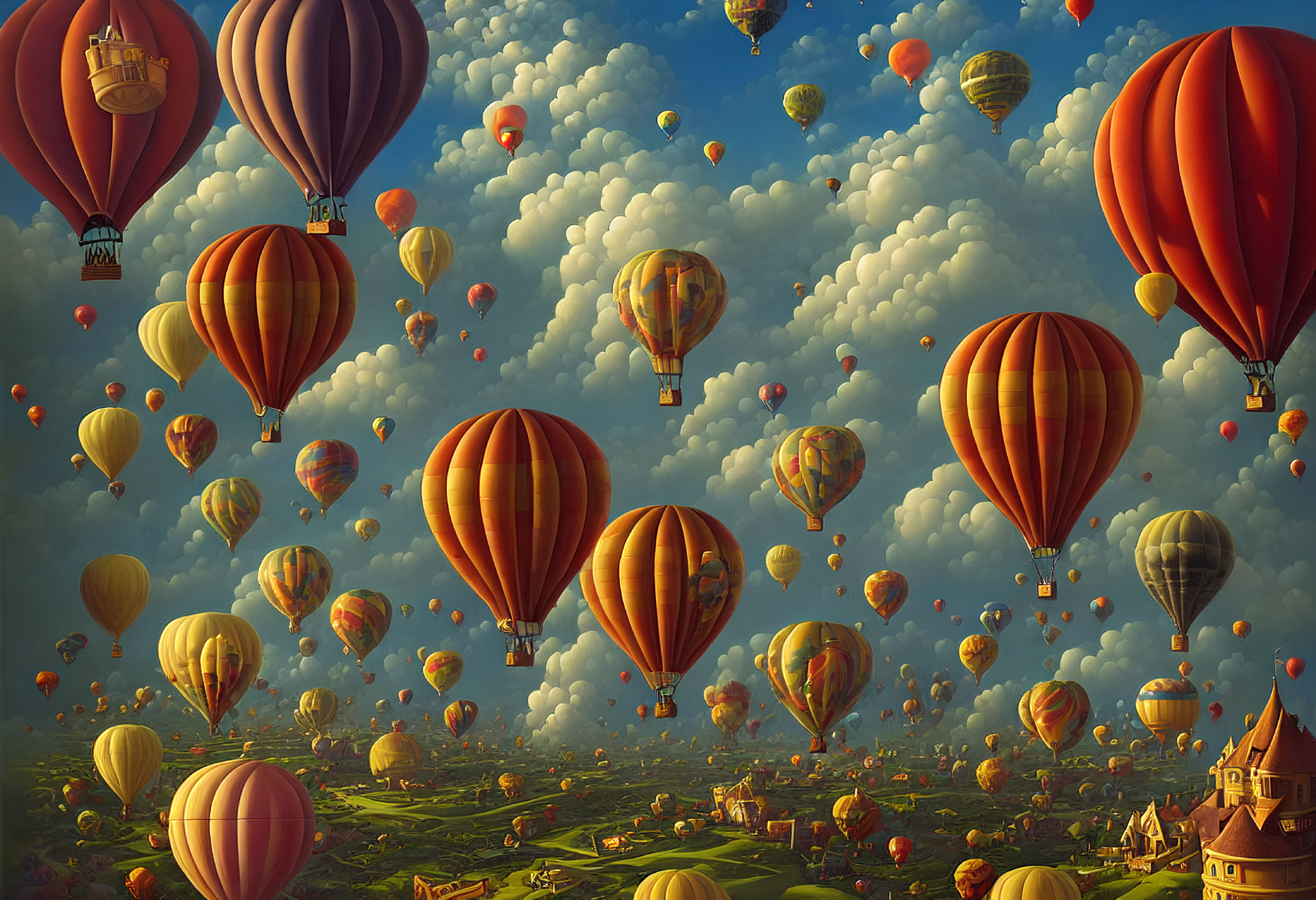 Colorful hot air balloons in sky above castle landscape