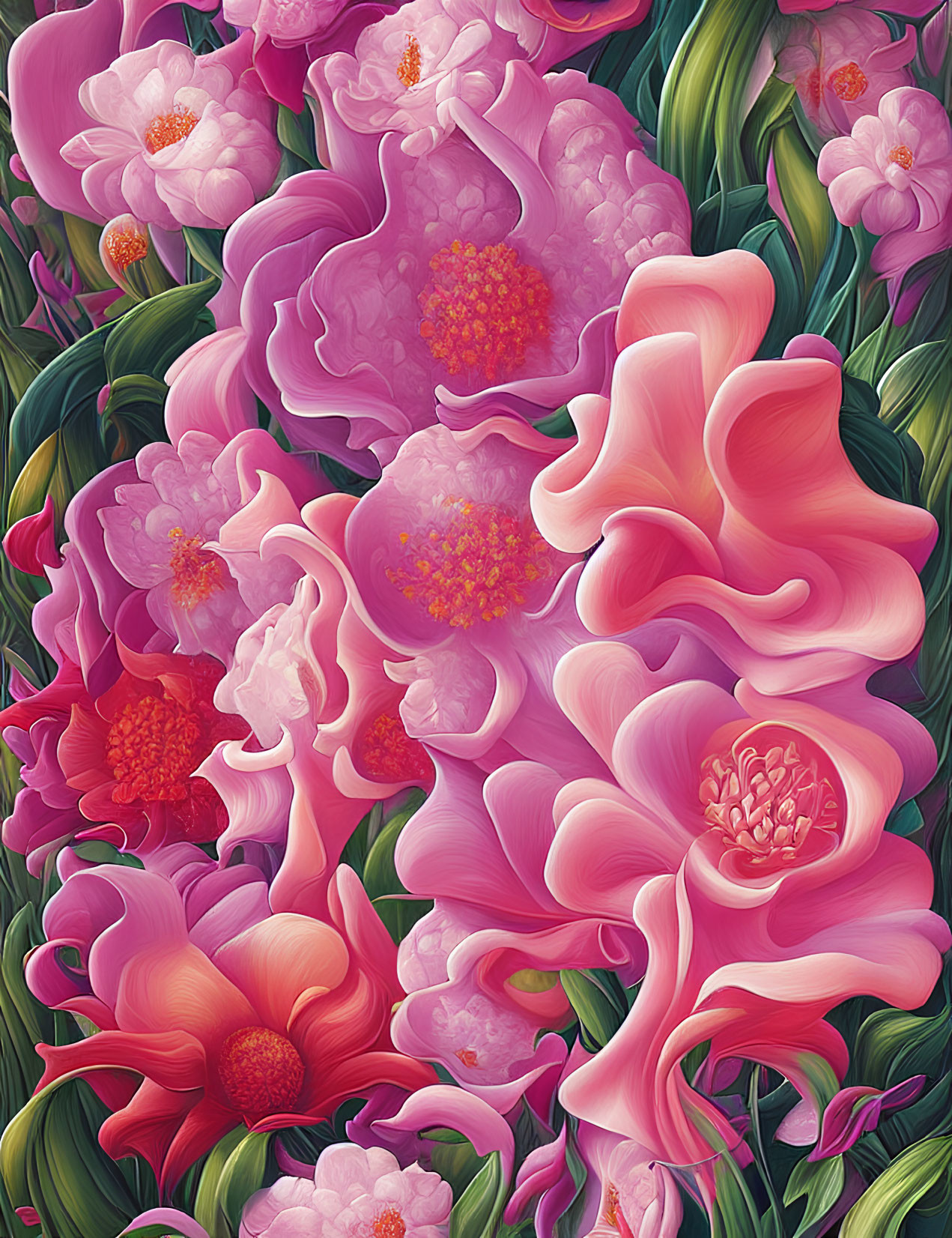 Colorful floral artwork with intricate pink petals and green foliage