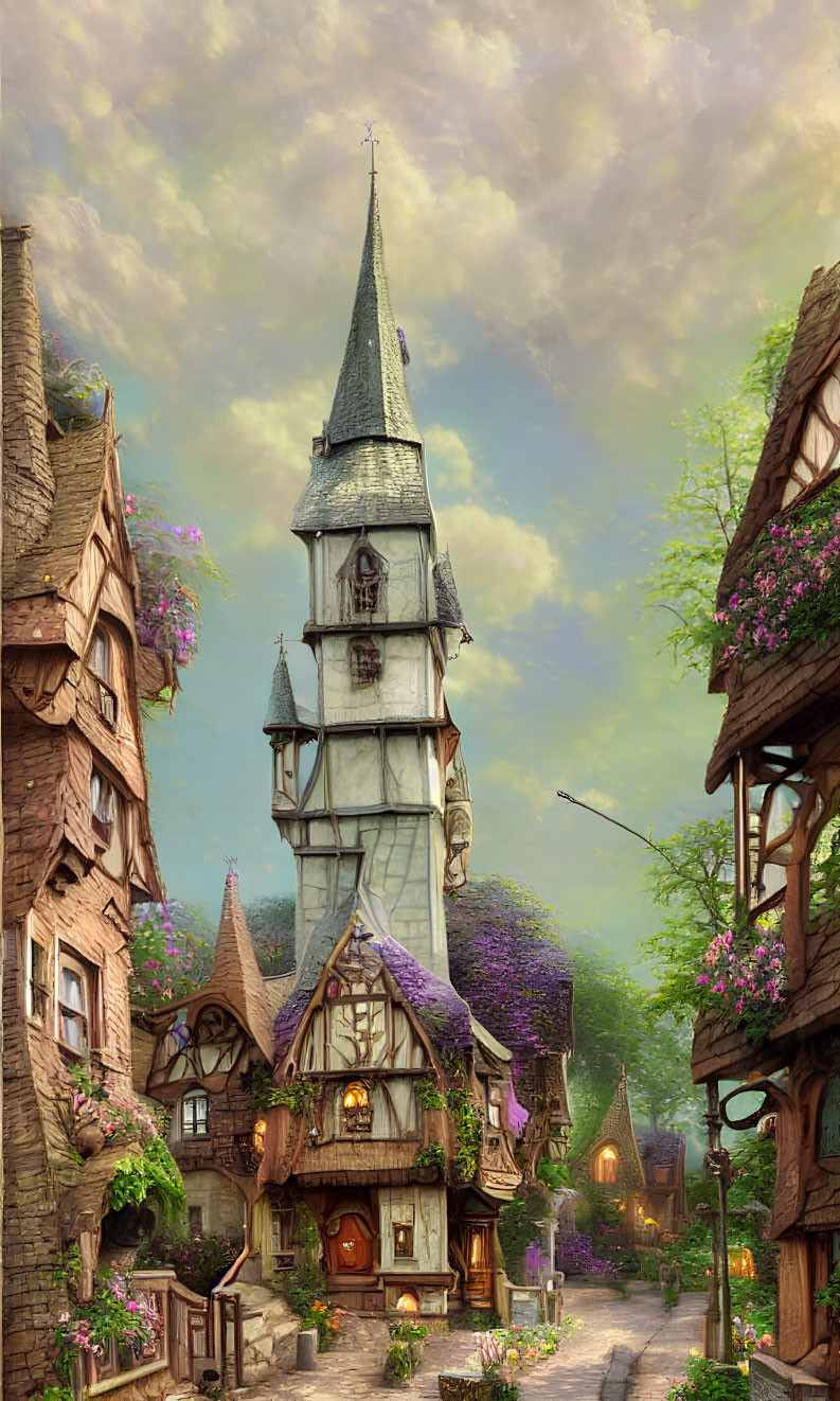 Fantasy village with pointed tower, quaint houses, and sunset sky