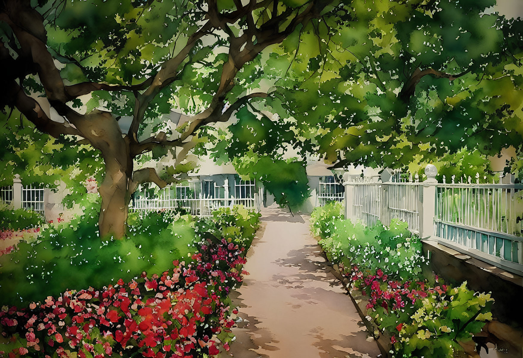 Tranquil watercolor painting of lush garden path with vibrant flowers and trees