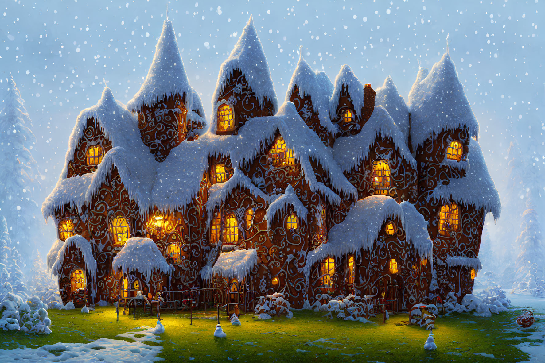 Snow-covered gingerbread village at night with warmly lit windows, snowy trees, starry sky.