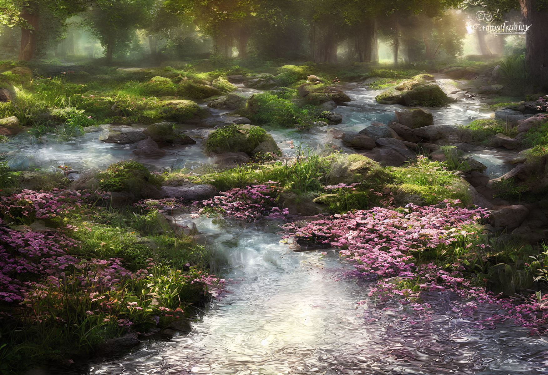 Tranquil forest stream with sunlight, moss-covered rocks, and pink flowers