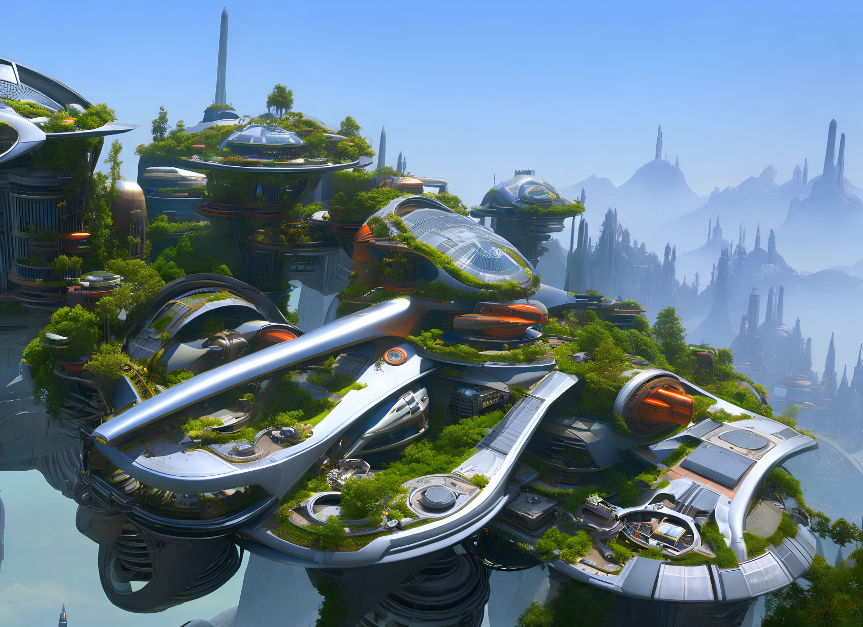 Futuristic city with domed buildings, greenery, mountains, and blue sky