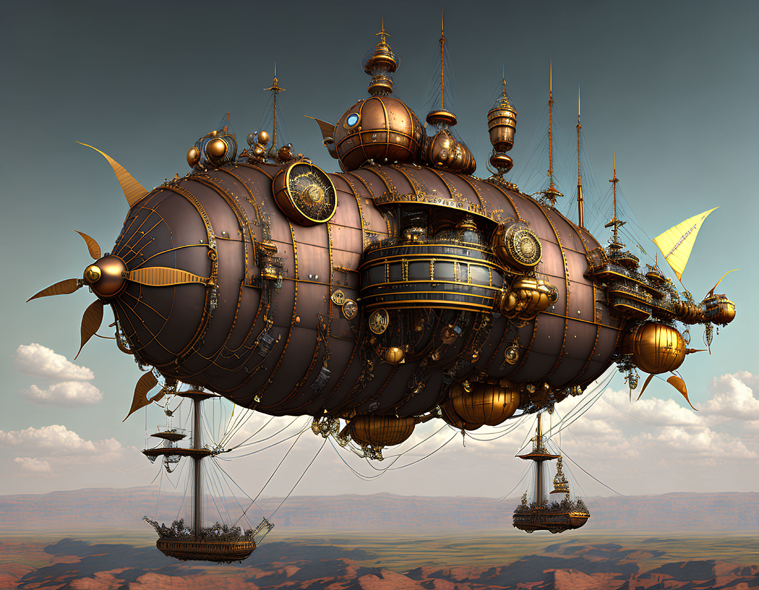 Intricate Steampunk Airship Flying Over Desert Landscape