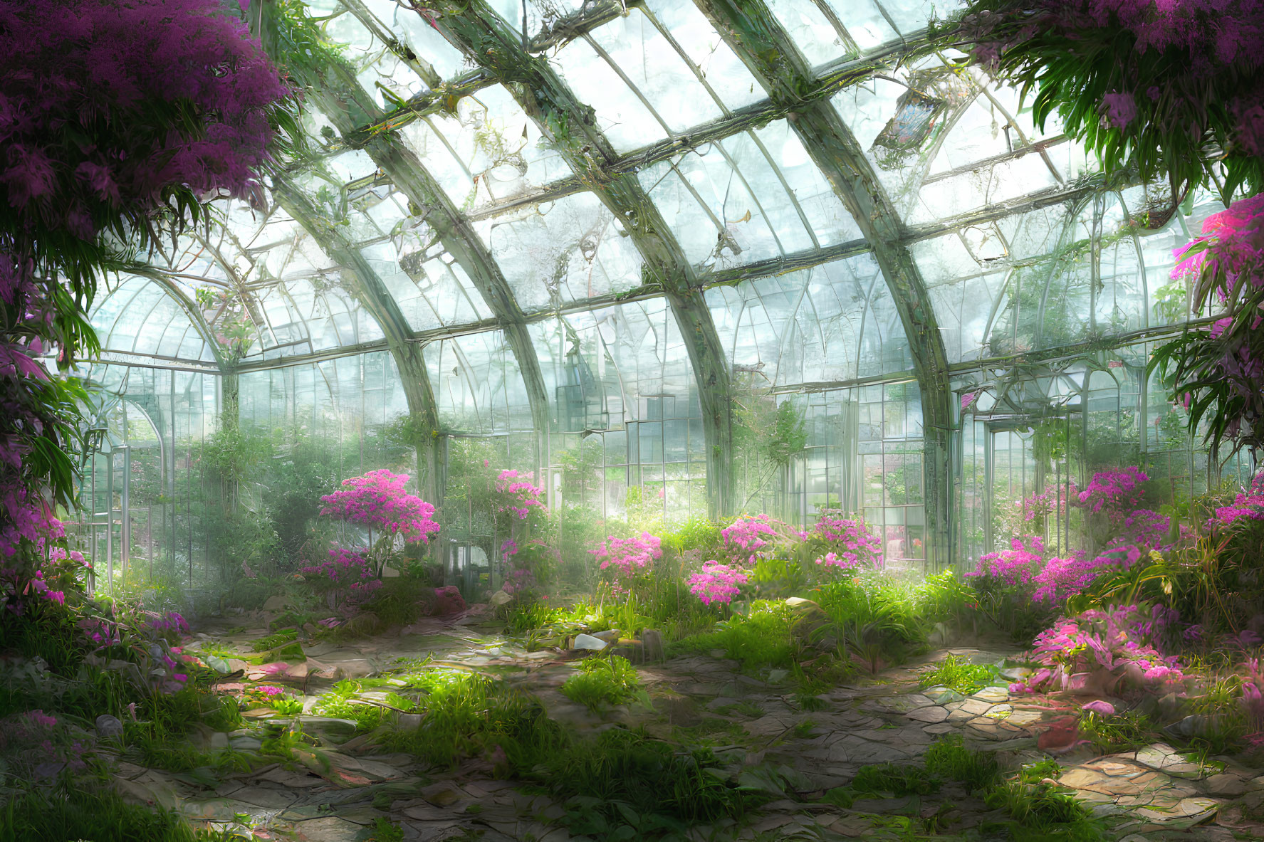 Lush Greenery and Pink Flowers in Overgrown Greenhouse