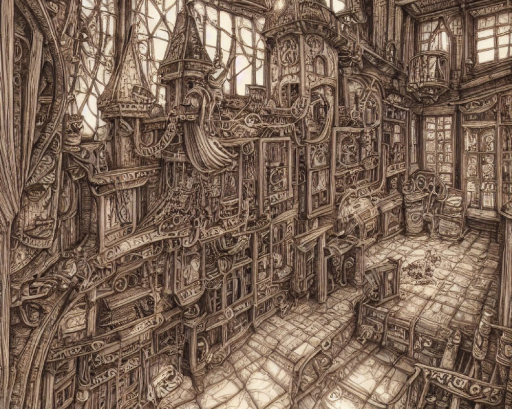 Detailed drawing of an old, elaborate library with bookshelves, arches, and ornate decorations