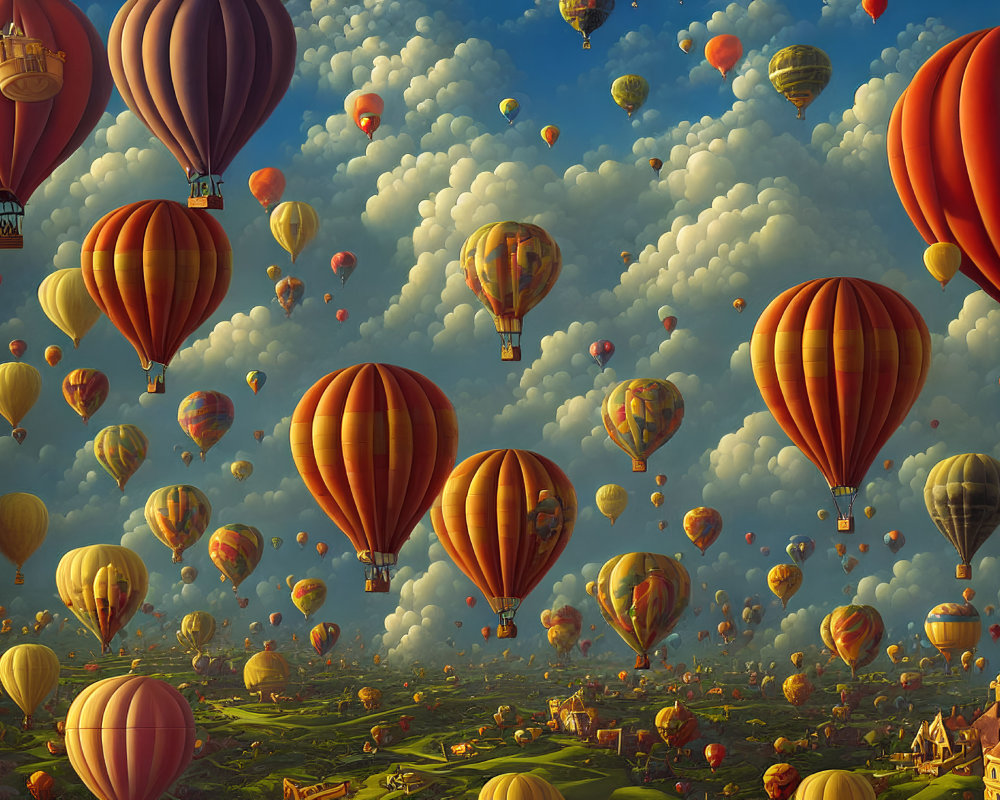 Colorful hot air balloons in sky above castle landscape