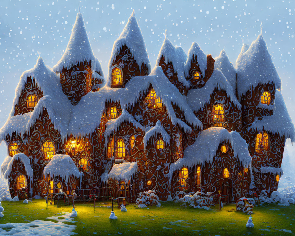 Snow-covered gingerbread village at night with warmly lit windows, snowy trees, starry sky.