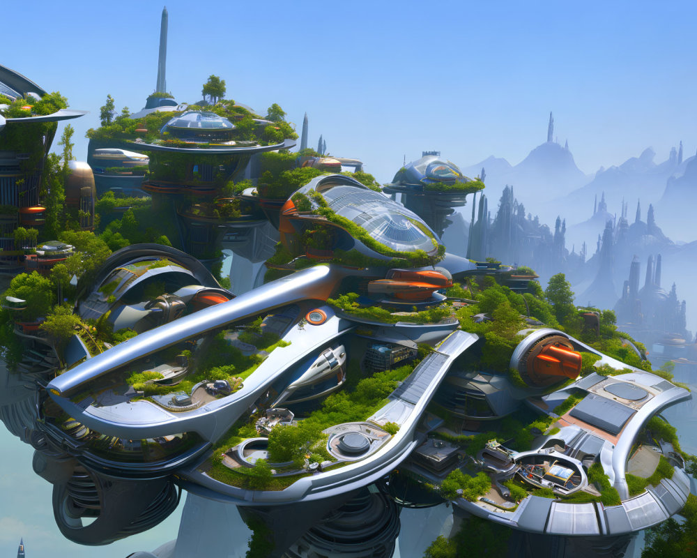 Futuristic city with domed buildings, greenery, mountains, and blue sky