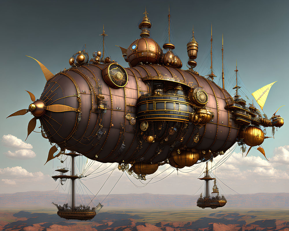 Intricate Steampunk Airship Flying Over Desert Landscape