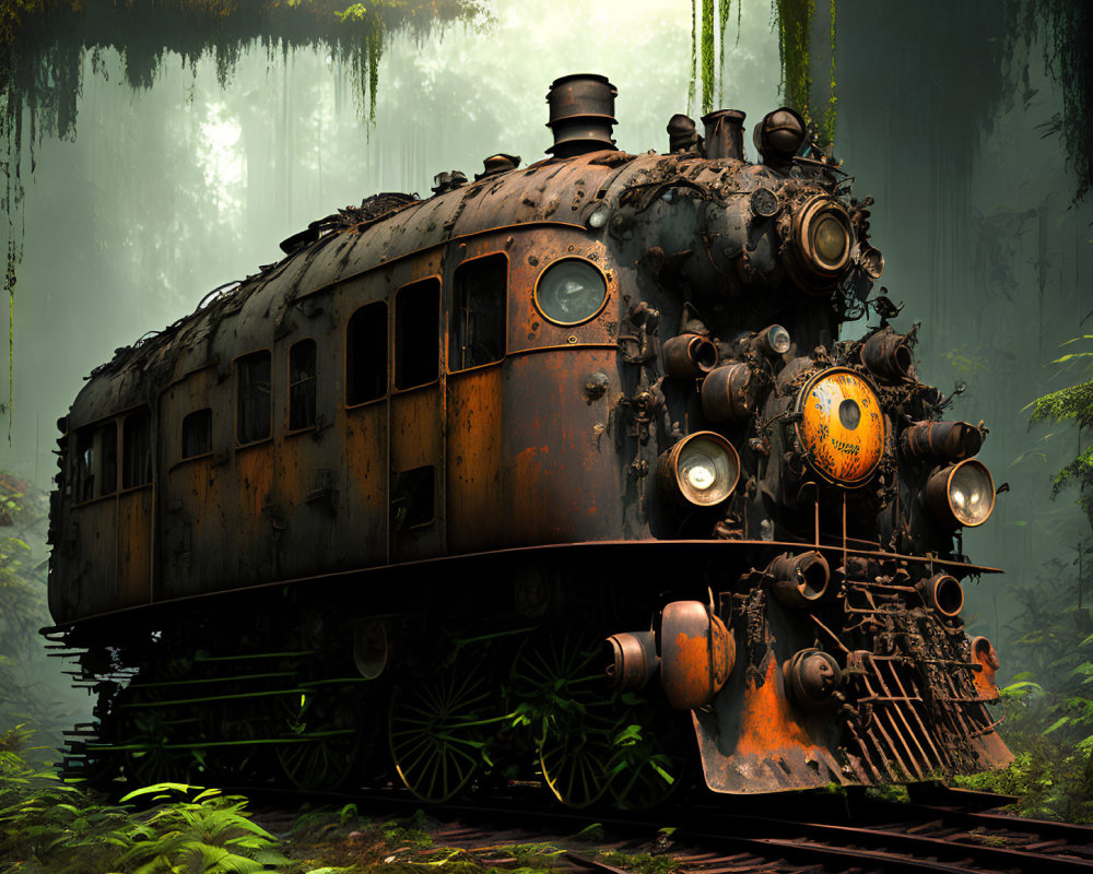 Abandoned steam locomotive in misty forest with overgrown tracks